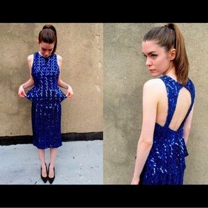 Vintage blue sparkly sequin midi sleeveless dress size S 80s peplum holiday